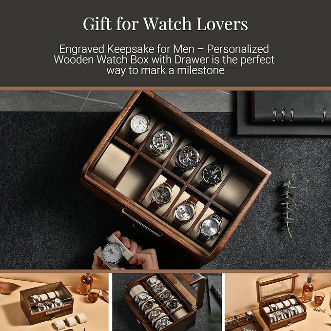 Shanik Wooden Watch Box with Drawer & Glass Lid – Acacia Wood Valet Tray Organizer for Men, Minimalist Nightstand Storage, Engraved Daily Watch Display Case, Personalized Gift for Him, Father’s Day