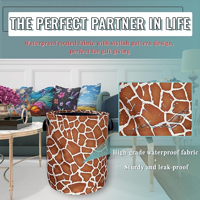 Giraffe Texture Laundry Basket With Handles Oxford Cloth Tote Bag Animals Laundry Hamper 18.9"x16.5" Foldable Clothes Storage Bucket Toy Organizer For Bathroom/Laundry/Bedroom