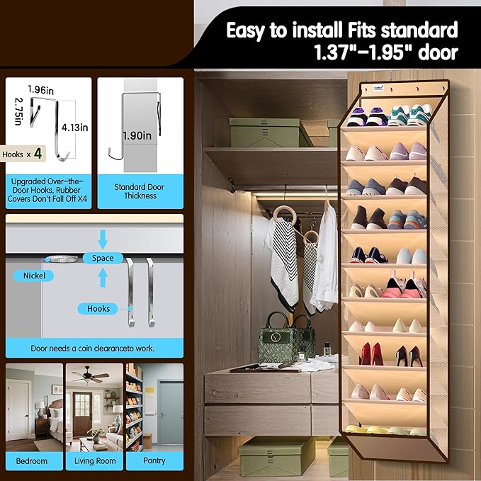10 Tier Over The Door Organizer - Heavy Duty Hanging Storage Rack with Sturdy Oxford Fabric, Holds 20+ Pairs of Footwear, Boots & Sneakers, Saves 50% Closet Space(Beige)