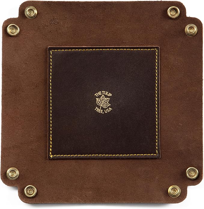 USA Handmade Premium Leather Valet Tray, Folds Flat! Dice Rolling Basket and Organizer with Brass Rivets (Brown Gold, Medium)