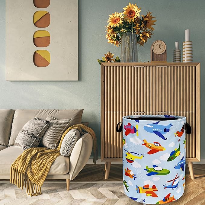 Cartoon Plane Laundry Hamper Foldable With Handles Colorful Tote Bag Universal Oxford Cloth Funny Laundry Basket Clothes Toy Storage Bucket 18.9" x 16.5" For Bathroom/Laundry/Bedroom