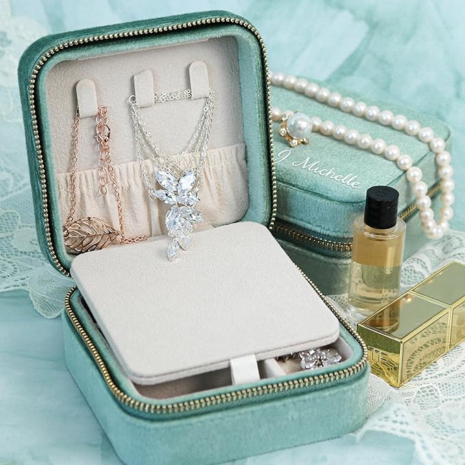 Customizable Compact Velvet Jewelry Box with Mirror, Travel Jewelry Case, Travel Jewelry Organizer, Jewelry Box for Women and Girls, Small Jewelry Organizer (Bottom Right Text, Mint Green)