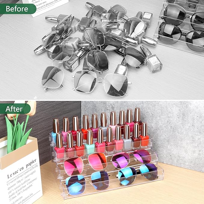 Sunglass Organizer Easy Snap-on Assembly, Acrylic Sticker Display Stand for Vendors, Nail Polish Holder Nail Desk Essential Oil Lipstick Storage,Clear Sunglasses Perfume Organizer (4 Layers)