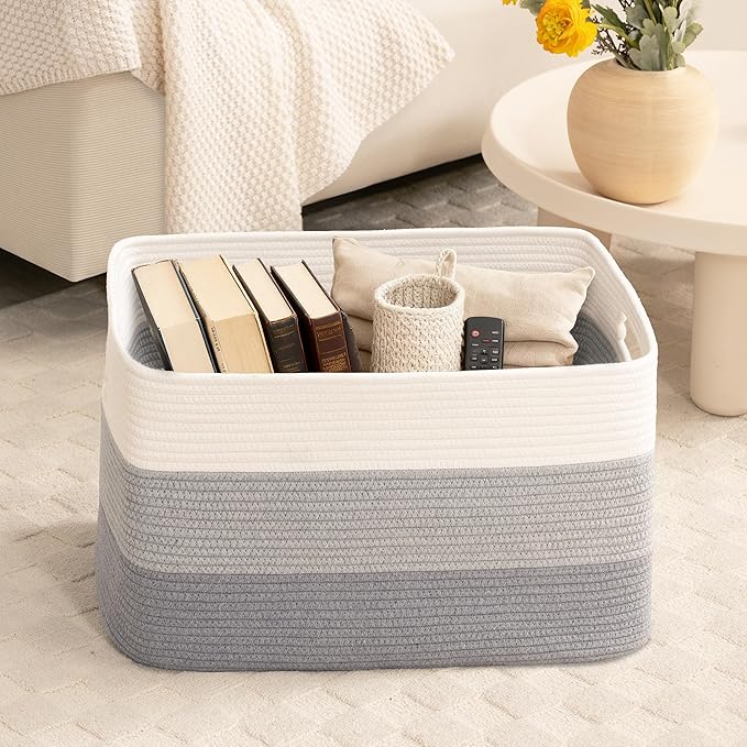 72L Large Laundry Basket with Leather Handles for Living Room Storage, Woven Rope Baskets Bin for Blanket, Kids Toy, Gifts, Wicker Hamper for Bedroom Dirty Clothes, 22"x17"x12" Gradient Grey