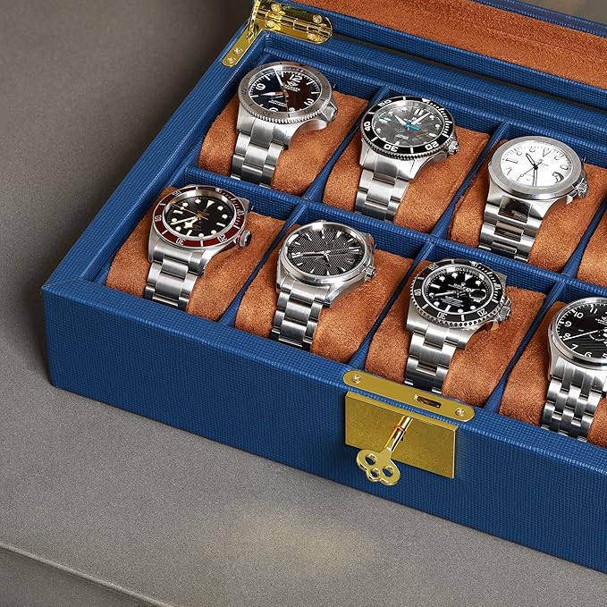 ROTHWELL 10 Slot Leather Watch Box - Luxury Case Display Jewelry Organizer - Locking Watch Display Case Holder with Large Glass Top - Box Organizer for Men and Women (Blue/Tan)