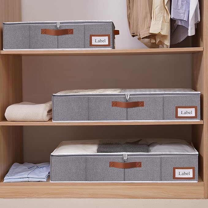 Yawinhe Under Bed Storage, 4 Pack Closet Organizers, Collapsible Container Bags, with Sorting Card Slot and 4 Leather Handles, for Blanket, Bedding, 23.6''Lx11.8''Wx6''H, Grey