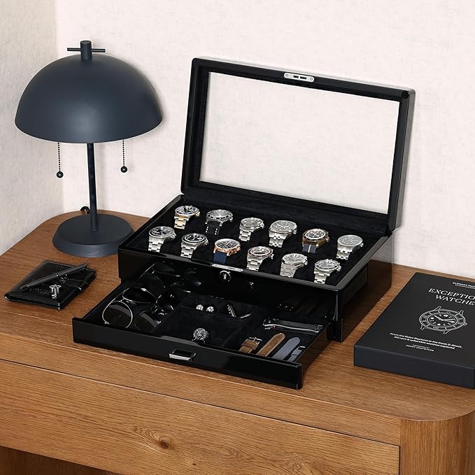 ROTHWELL 12-Slot Piano Black Watch Box with Valet Drawer - Premium Jewelry Display Case Organizer with Locking Glass Top and Microsuede Liner for Men & Women (Black Interior)