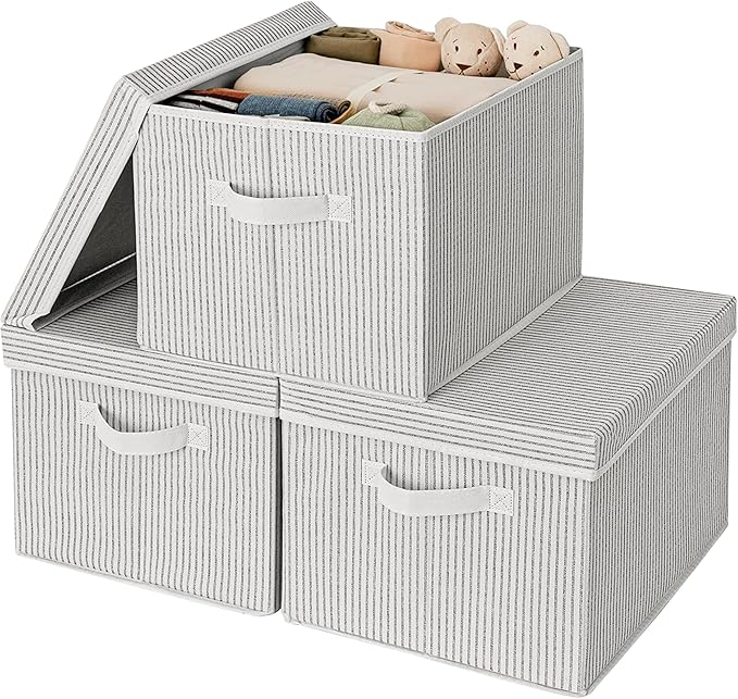 GRANNY SAYS Fabric Boxes with Lids, Closet Organizers and Storage Baskets, Jumbo Storage Containers for Towels and Clothes, Decorative White/Black, 3-Pack