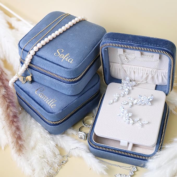 Customizable Compact Velvet Jewelry Box with Mirror, Travel Jewelry Case, Travel Jewelry Organizer, Jewelry Box for Women and Girls, Small Jewelry Organizer (Bottom Right Text, Coral Blue)