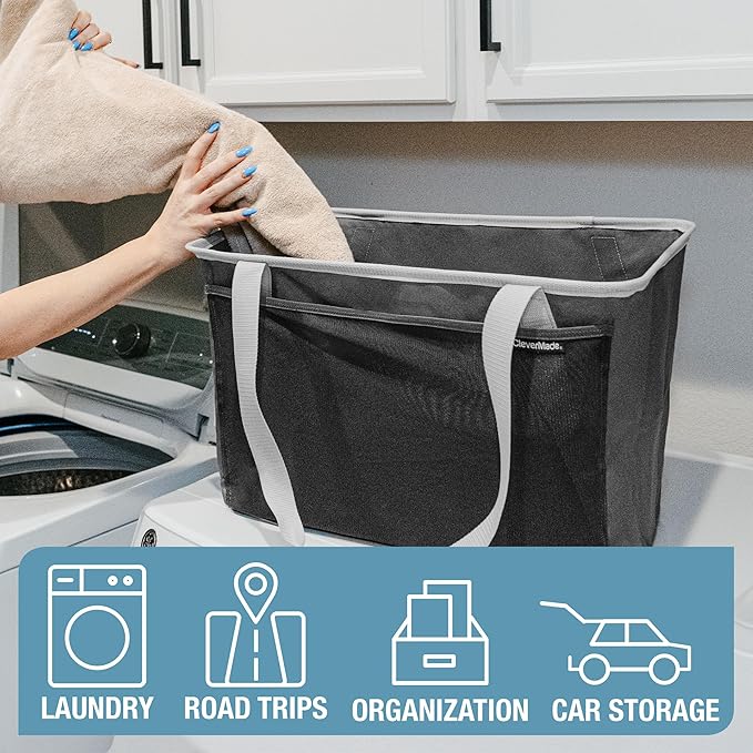 CleverMade Collapsible Tote MAX Carry All - Charcoal Gray 2-Pack 50L - Foldable Storage Organization Container with Storage Pockets and Handles
