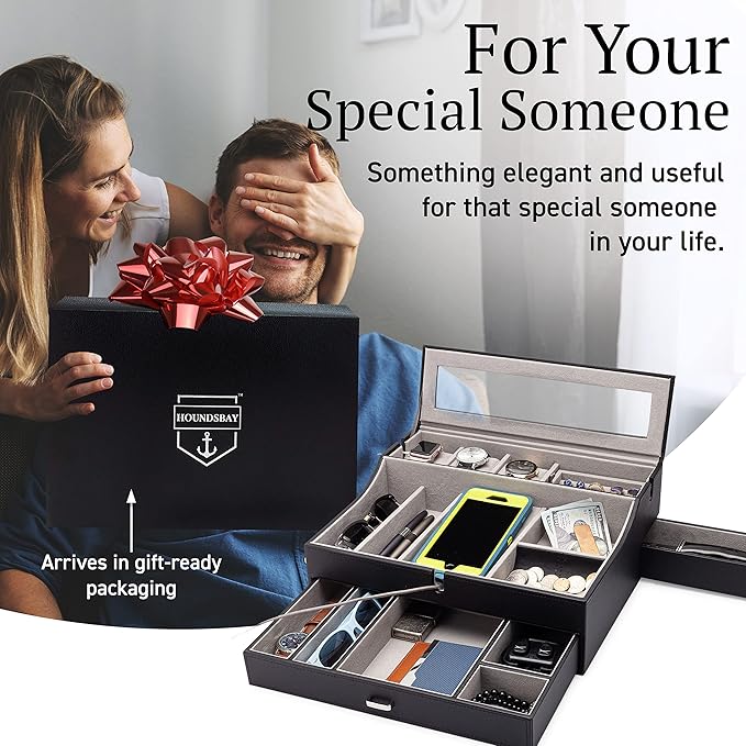 Mens Valet Box Organizer, Large Leather Valet Tray for Men, Mens Valet Tray Organizer with Charging Station, Mens Jewelry Box Organizer for EDC Valet Mens Accessories, Nightstand Bedside Dresser Top