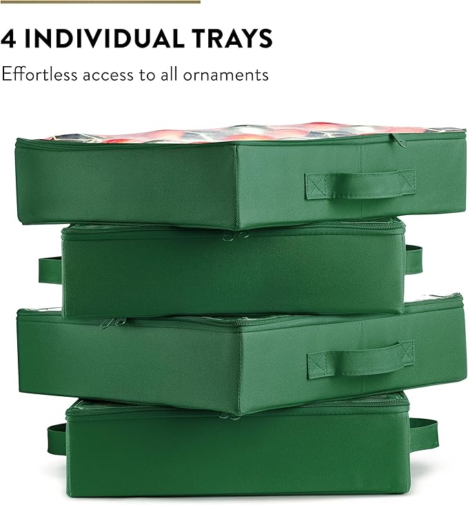 ZOBER Premium Christmas Ornament Storage Box with Lid 3" Compartment, Contains 4 Trays W Transparent Zippered Cover for More Protection (Green)