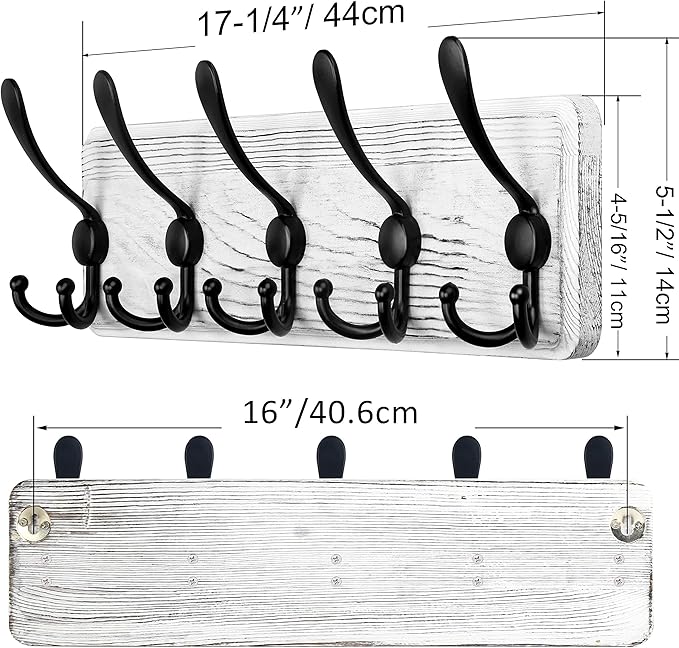 SKOLOO Rustic Wall Mounted Coat Rack: Pine Real Wood Plank Wall Coat Rack with 5 Triple Hooks, Farmhouse Coat Hanger Wall Mount for Hanging Backpack Jacket Coat Hat,Pack of 2