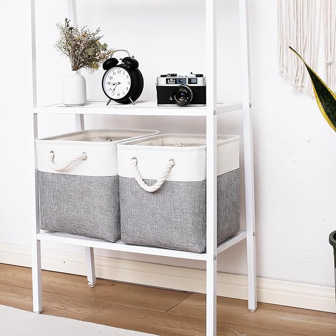 11 x 11 Inch Cube Storage Bins, 6 Pack Large Collapsible Fabric Storage Bin with Ropes, Foldable Storage Cubes for Home, Office,Closet, Clothes, Toys Organizer (White & Grey-11"x11"x11")