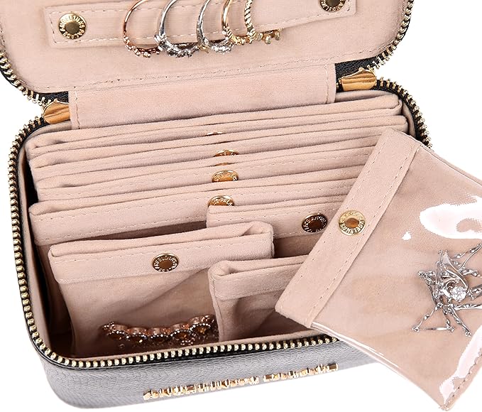 Angelina's Palace Snakeskin Pattern Jewelry Organizer Case Bridesmaid Gifts Travel Bag Vegan Leather Box for Necklace Earring Bracelet Ring(Black)