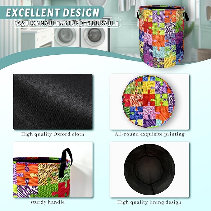 Colorful Autism Puzzles Laundry Basket With Handles Tote Bag Oxford Cloth Laundry Hamper 18.9" x 16.5 "Foldable Clothes Storage Bucket Toy Organizer For Bathroom/Laundry/Bedroom