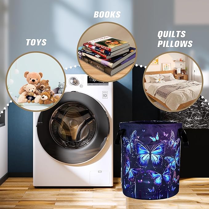 Blue Purple Butterfly Laundry Basket Insect Foldable Oxford Cloth Funny Tote Bag Laundry Hamper Clothes Storage Bucket Organizer For Bathroom/Laundry Storage/Bedroom 17.7x13.7Inch