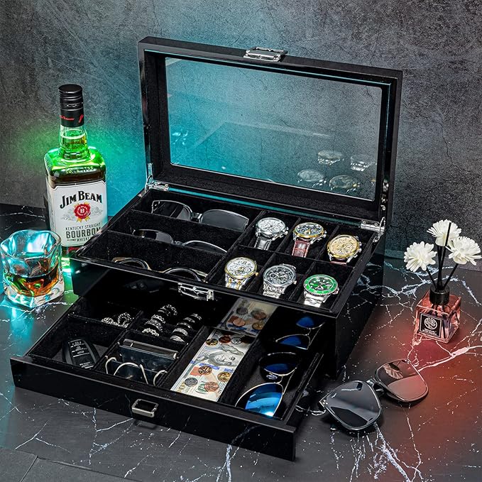 ProCase Lacquered Finish Wooden Men's Jewelry Box, 6 Slots Watch and Sunglasses Box Organizer for Men, 2-Tier Watch Holder Display Cases with Glass Top and Storage Drawer -Black