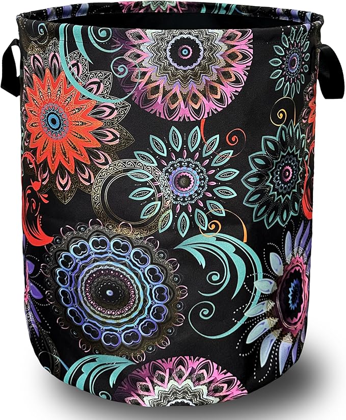 Mandalas Flowers Laundry Basket With Handles Oxford Cloth Tote Bag Colorful Laundry Hamper 18.9"x16.5" Foldable Clothes Storage Bucket Toy Organizer For Bathroom/Laundry/Bedroom
