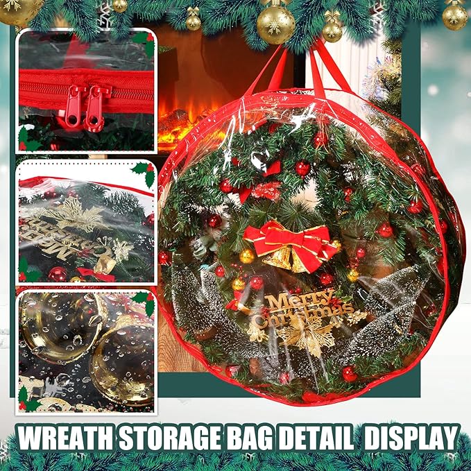 Shappy 4 Pieces Clear Christmas Wreath Storage Container 24 Inches Xmas Wreath Storage Bag Plastic Christmas Garland Container with Dual Zippers and Reinforced Handles for Xmas Seasonal (Red)