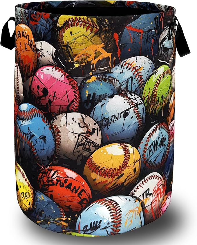 Colorful Baseball Laundry Hamper Foldable With Handles Balls Tote Bag Universal Oxford Cloth Funny Laundry Basket Clothes Toy Storage Bucket 18.9" x 16.5" For Bathroom/Laundry/Bedroom