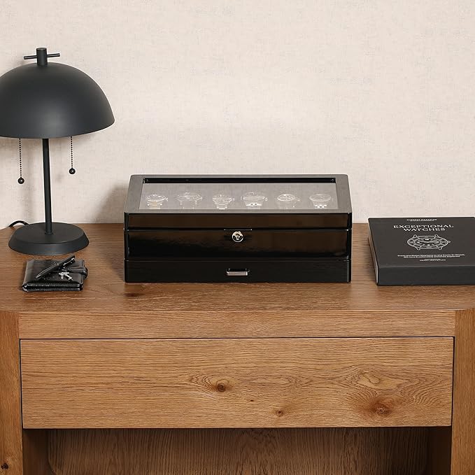 ROTHWELL 12-Slot Piano Black Watch Box with Valet Drawer - Premium Jewelry Display Case Organizer with Locking Glass Top and Microsuede Liner for Men & Women (Black Interior)