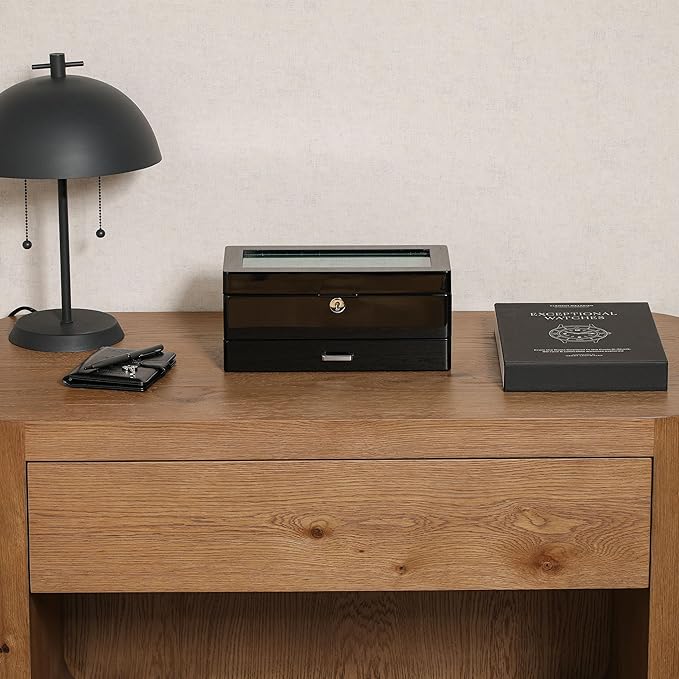 ROTHWELL 4-Slot Piano Black Watch Box with Valet Drawer - Premium Jewelry Display Case Organizer with Locking Glass Top and Microsuede Liner for Men & Women (Green Interior)