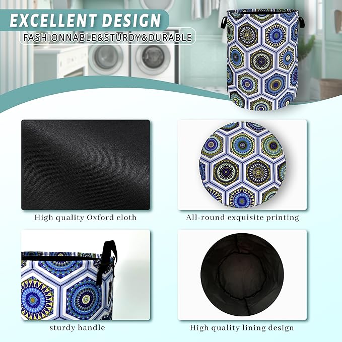 Boho Blue Green Mandala Tile Laundry Hamper Foldable With Handles Colorful Tote Bag Oxford Cloth Laundry Basket Clothes Toy Storage Bucket 18.9" x 16.5" For Bathroom/Laundry/Bedroom