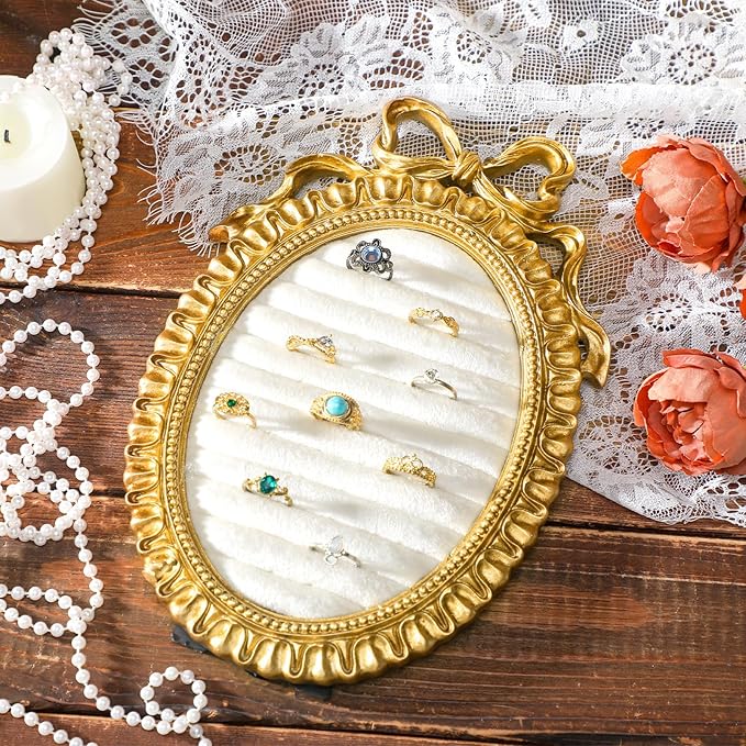 Vintage Ring Holder Round Bow Gold Ring Wedding Display Suede Jewelry Box Stand Frame Earring Tray Anniversary Engagement Baroque Organizer Photograph Prop for Women Birthday Christmas Gift