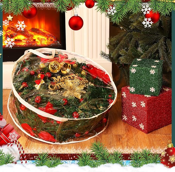 Shappy 1 Pcs 36 Inch Christmas Wreath Storage Container Clear Wreath Storage Bags PVC Waterproof Garland Bags with Clear Window Dual Zippers and Handles for Xmas Holiday Artificial Garland (White)