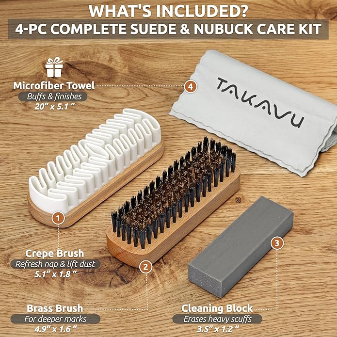TAKAVU Premium Suede & Nubuck Cleaning Brush Kit, Crepe & Brass Bristle Brush, Microfiber Towel Cloth, Cleaning Block Eraser for Shoes, Boots