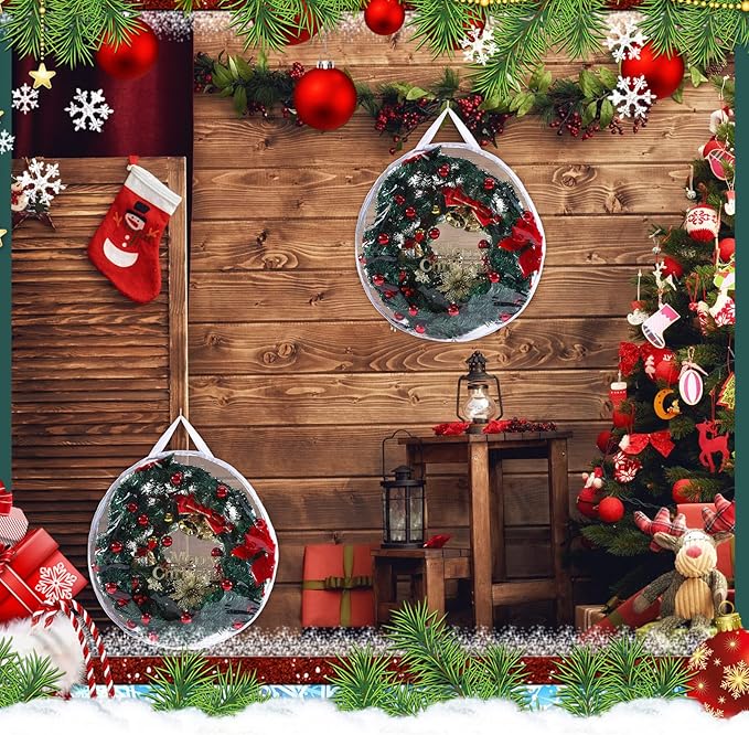Shappy 2 Pieces Clear Christmas Wreath Storage Container 24 Inches Xmas Wreath Storage Bag Plastic Christmas Garland Container with Dual Zippers and Reinforced Handles for Xmas Seasonal (Clear)