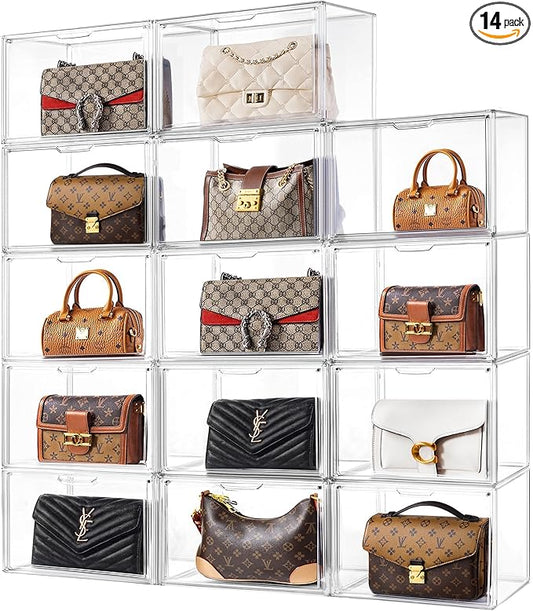 HBlife 14 Pack Purse Storage Organizer for Closet, Large Clear Stackable Handbag Display Case Box with Magnetic Door for Collectibles, Cosmetics, Women Heels and Toys