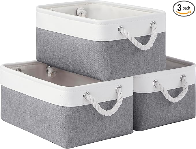 Storage Baskets for Shelves 13.8x9.8x6.7 Inch, Foldable Fabric Storage Bins with Handles, Small Storage Baskets for Organizing Closet, Office, Home Organization (3-Pack, White&Gray)