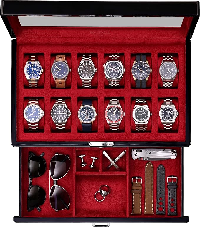 ROTHWELL 12-Slot Piano Black Watch Box with Valet Drawer - Premium Jewelry Display Case Organizer with Locking Glass Top and Microsuede Liner for Men & Women (Red Interior)
