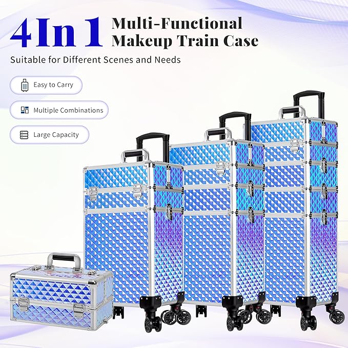 AROUS Rolling Makeup Train Case 4 in 1 Cosmetology Case on Wheels Large Storage Cosmetic Trolley with Key Salon Barber Case Traveling Cart Trunk, Colorful