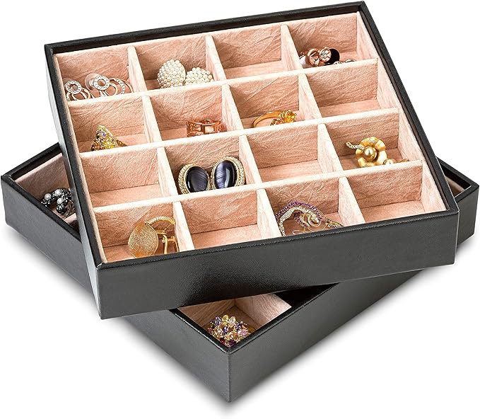 Glenor Co Earring Organizer Tray - Set of 2 - Stackable 32 Slots Jewelry Storage Trays - Display on Dresser or Drawer - Compatible with Other Trays - Black