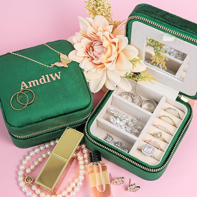 Customizable Compact Velvet Jewelry Box with Mirror, Travel Jewelry Case, Travel Jewelry Organizer, Jewelry Box for Women and Girls, Small Jewelry Organizer (Center Text, Emerald Green)