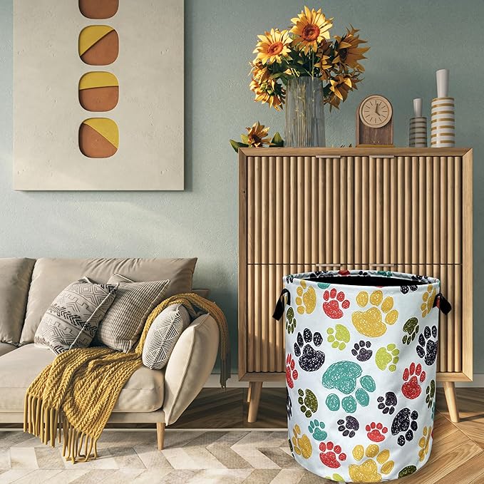 Colorful Dog Paw Laundry Basket With Handles Oxford Cloth Tote Bag Animal Laundry Hamper 18.9" x 16.5" Foldable Clothes Storage Bucket Toy Organizer For Bathroom/Laundry/Bedroom