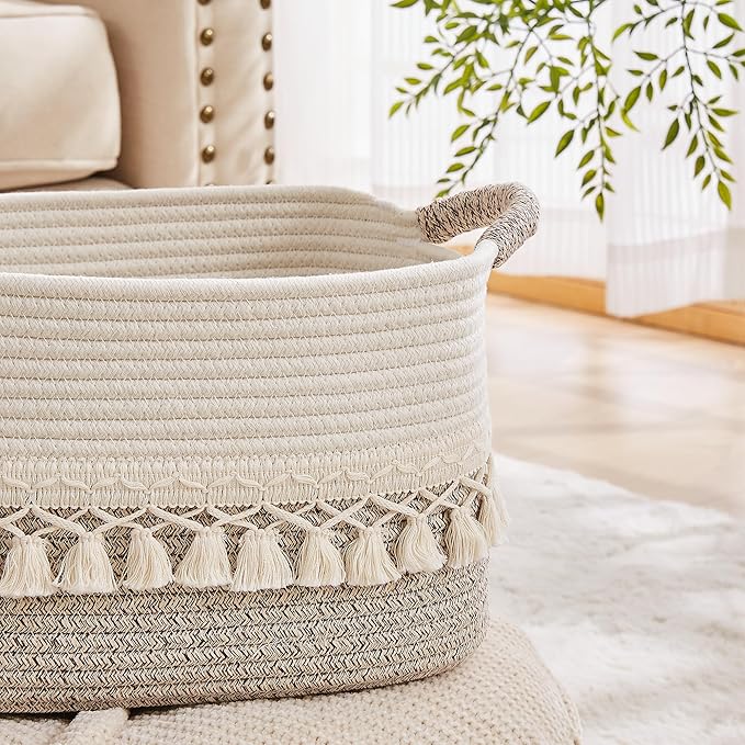 Storage Bins Woven Baskets for Storage Set of 3, Cotton Rope Basket with Handles for Toys/Shelves/Laundry, Rectangle Multi-Purpose Organizer for Living Room, Bedroom, Nursery (White/Beige)