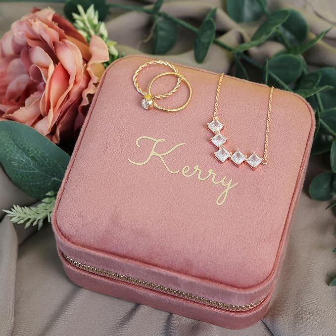 Customizable Compact Velvet Jewelry Box with Mirror, Travel Jewelry Case, Travel Jewelry Organizer, Jewelry Box for Women and Girls, Small Jewelry Organizer (Center Text, Nude Pink)