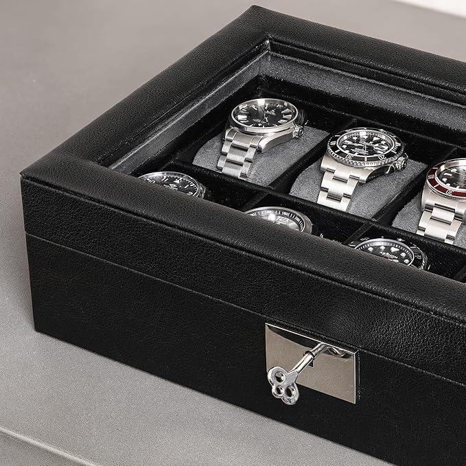 ROTHWELL 10 Slot Leather Watch Box - Luxury Case Display Jewelry Organizer - Locking Watch Display Case Holder with Large Glass Top - Box Organizer for Men and Women (Black/Grey)