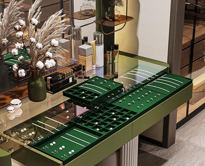 4 In 1 Velvet Jewelry Trays Jewelry Drawer Organizer Tray Stackable Jewelry Trays Necklace Bracelet Ring Earring Organizer Tray(Green)