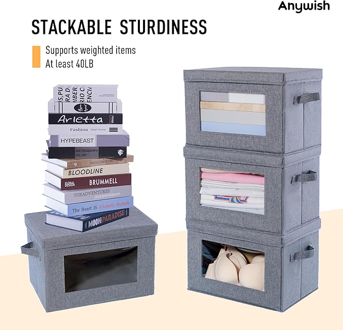 3-Pack Collapsible Storage Bins with Lids, Linen Fabric Foldable Storage Boxes, Cube Closet Organization for Clothes, Blankets and Books, Gray