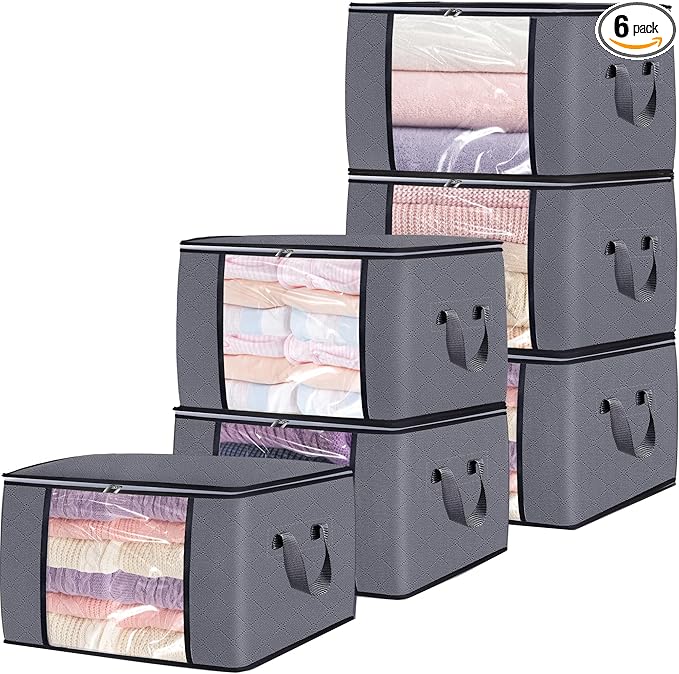 90L Large Blanket Storage Bags, 6 Pack Clothes Storage Bag Comforter Storage Bin with Reinforced Handle and Lid Foldable Closet Organizer and Storage Containers for Bedding Sheets and Duvet