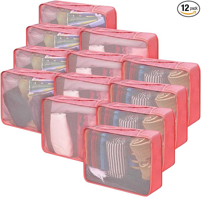 Silkfly 12 Pcs Packing Cubes for Suitcase Travel Luggage Bags Bulk Mesh Organizer Set for Hiking Camping Backpacking Clothes Accessories(Watermelon Red)