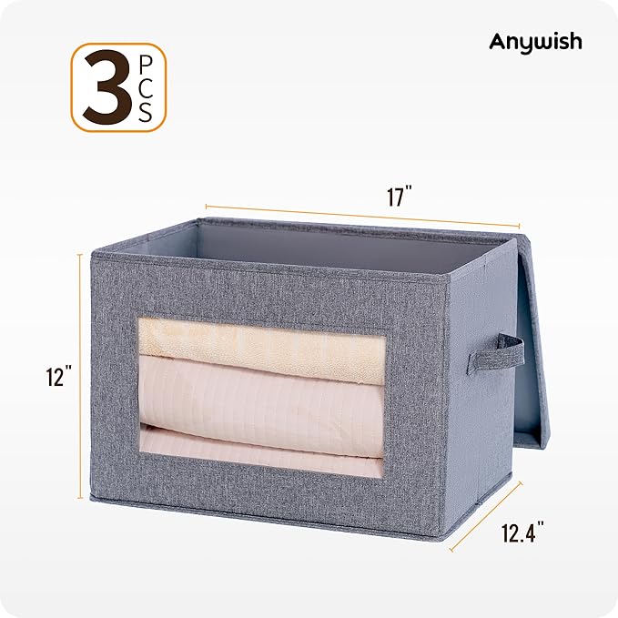 3-Pack Collapsible Storage Bins with Lids, Linen Fabric Foldable Storage Boxes, Cube Closet Organization for Clothes, Blankets and Books, Gray
