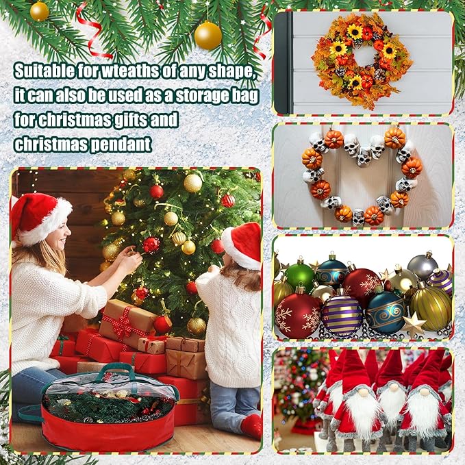 Shappy 4 Pcs Christmas Wreath Storage Bag Wreath Storage Container with Clear Window Plaid Box with Handles for Storing Garland Holiday Wrapping(Red,30 x 7 Inch)