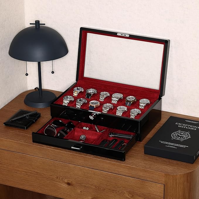 ROTHWELL 12-Slot Piano Black Watch Box with Valet Drawer - Premium Jewelry Display Case Organizer with Locking Glass Top and Microsuede Liner for Men & Women (Red Interior)