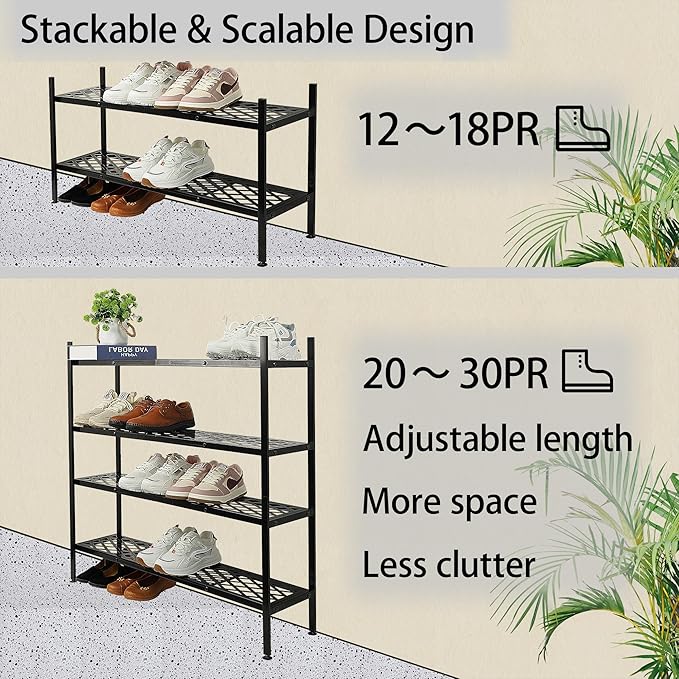 Shoe Rack, Expandable Shoes Organizer Metal Shelf Stand, 2 Tier Stackable Long Shoe Storage Holder For Closet, Floor, Entryway, Garage, Bedroom, Door Entrance For 12-18 Pairs, 45.6 inches Black